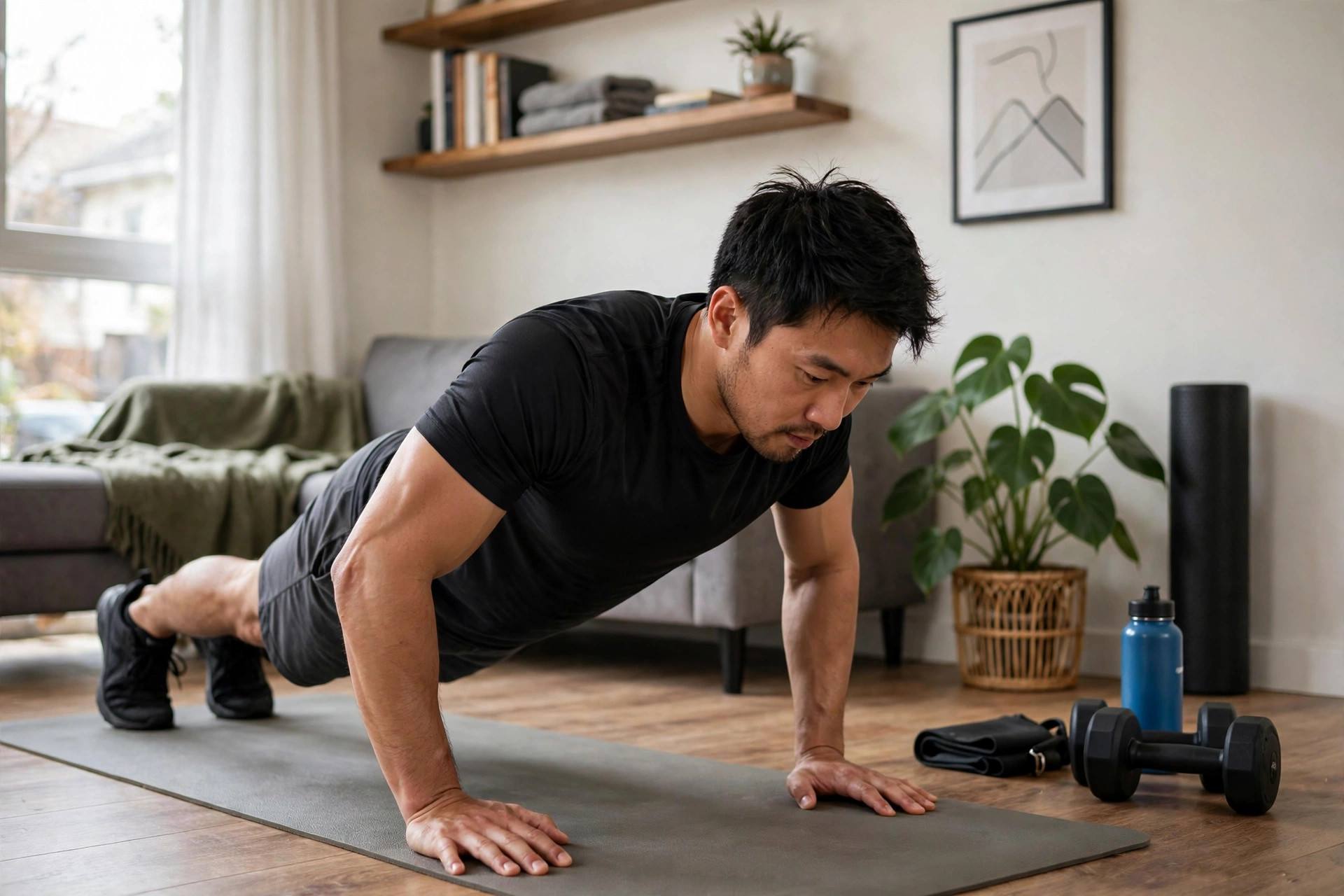Man doing push-ups at home for muscle building