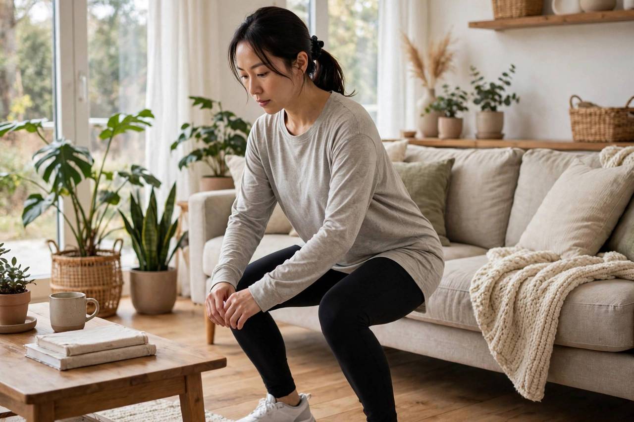 Person doing bodyweight squats in a living room