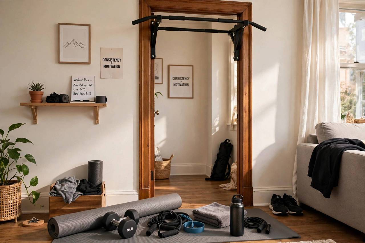 Home workout setup with pull-up bar in doorway