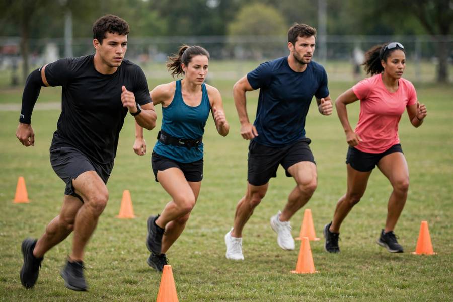 Athletes doing repeat sprint drills on field
