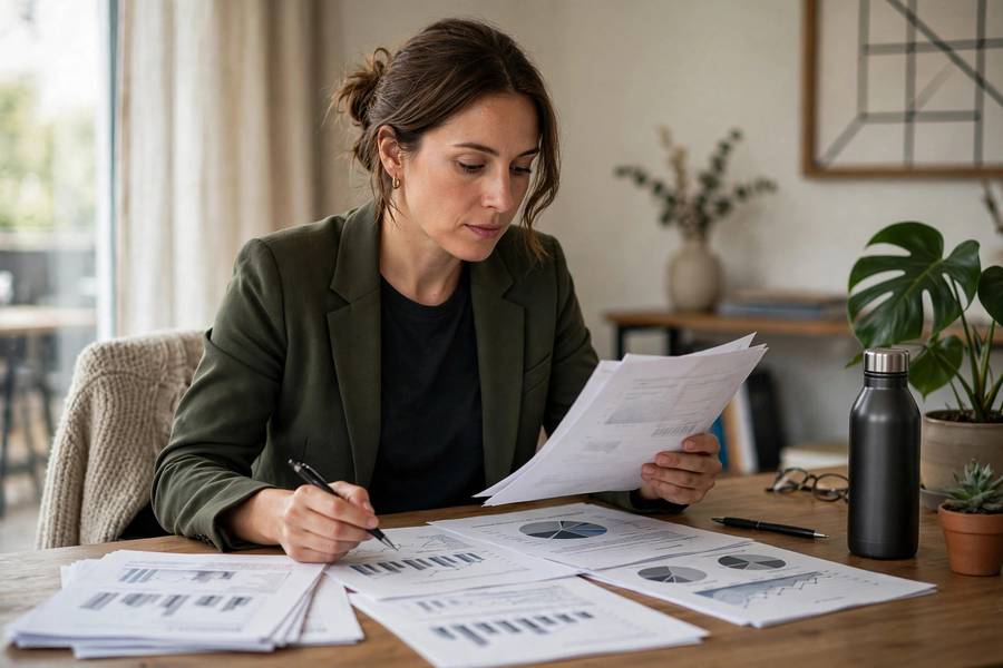 Entrepreneur reviewing business valuation reports in an office