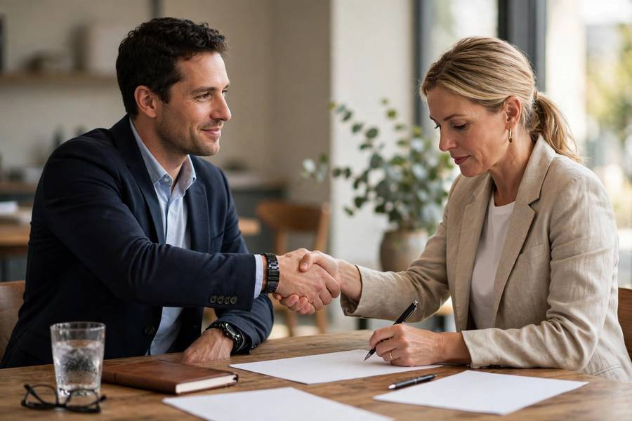 Handshake sealing a business deal with contract signing
