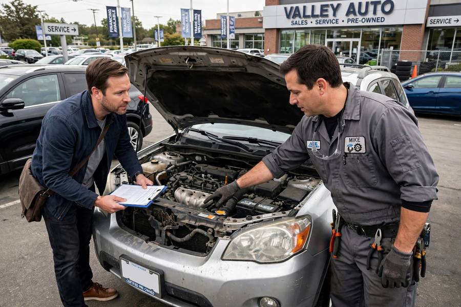 Buyer and mechanic inspecting a used car, the essential step in how to buy a used car safely