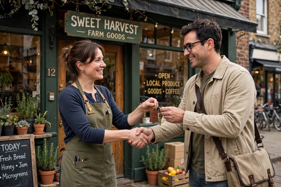 A buyer and seller shaking hands in front of a business