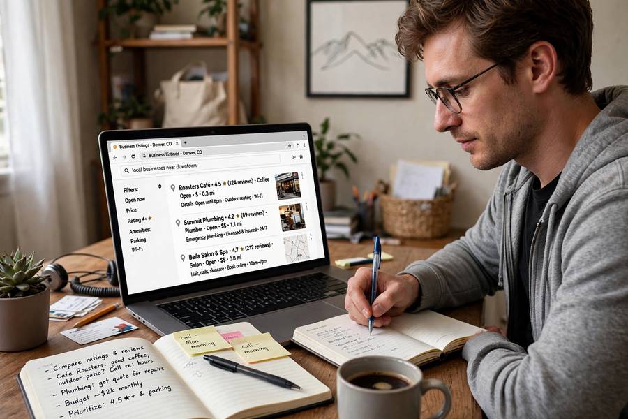 Reviewing businesses for sale on a laptop