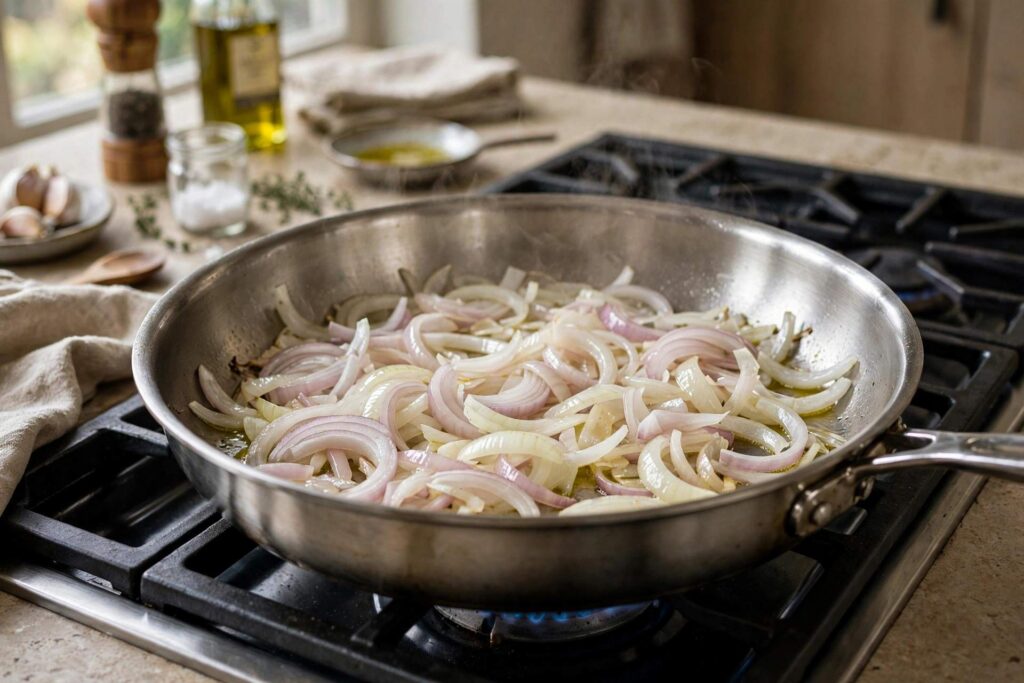 Sliced onions just starting to soften in a wide skillet