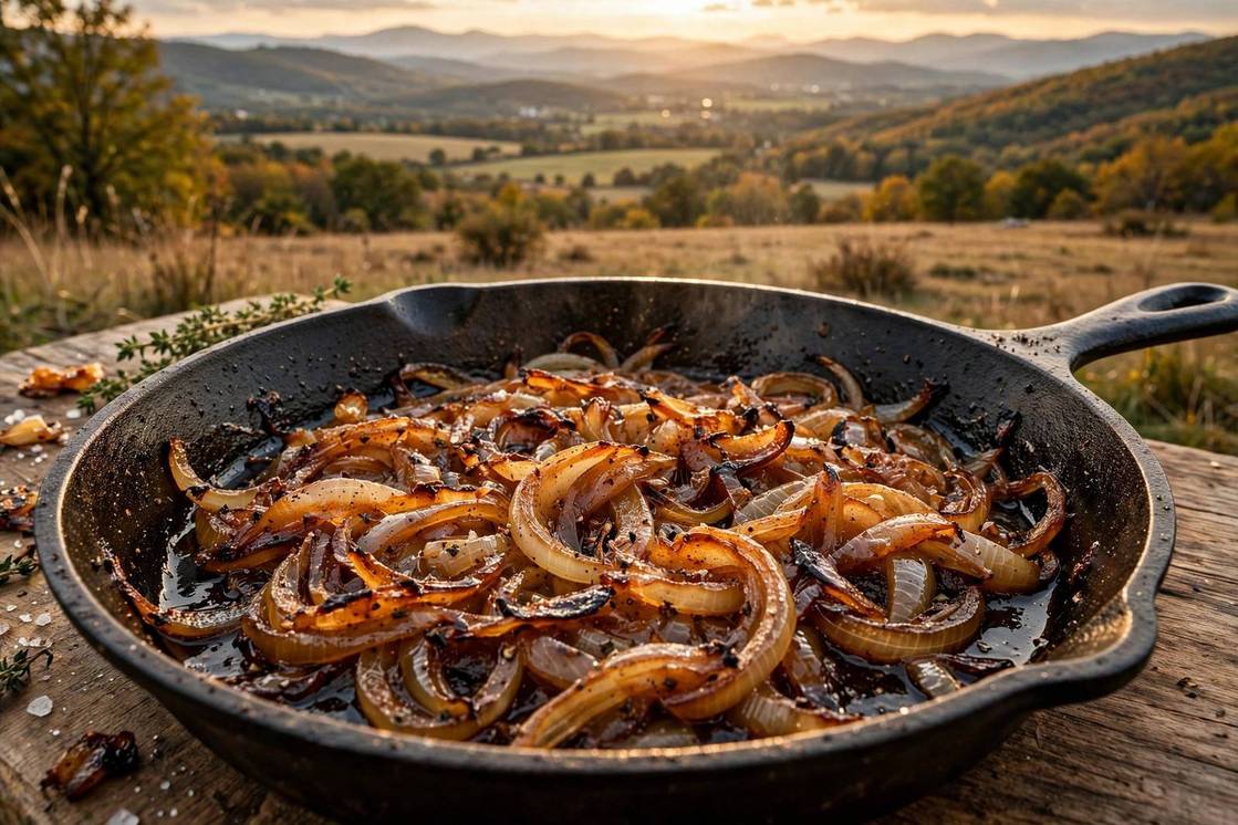 Onions at the golden brown caramelized stage in a pan