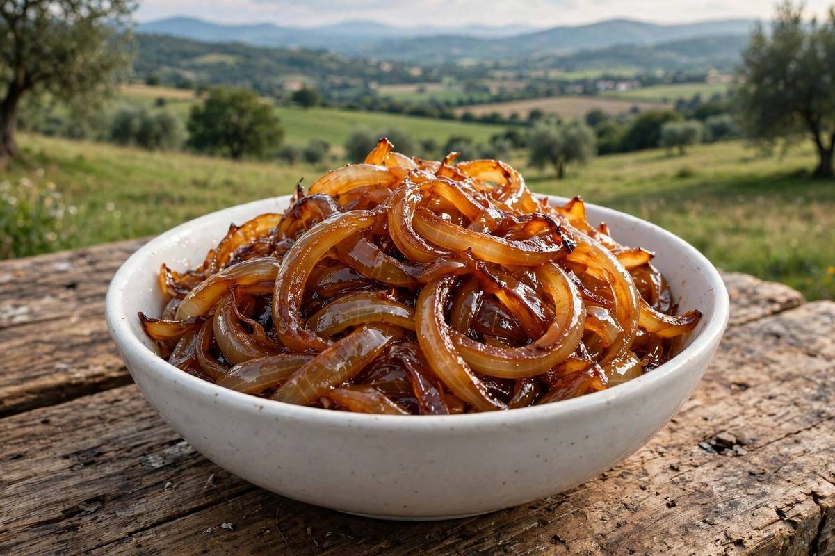 Finished caramelized onions in a bowl, deep amber and glossy