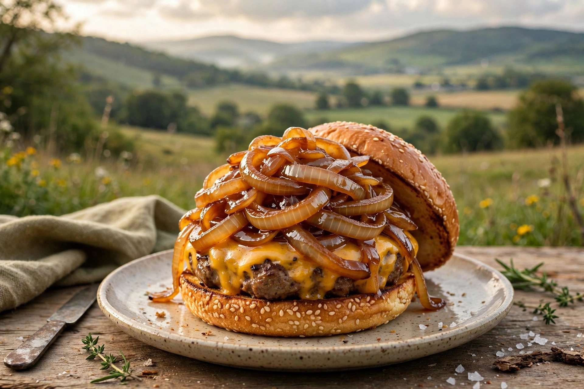 Caramelized onions piled on top of a burger