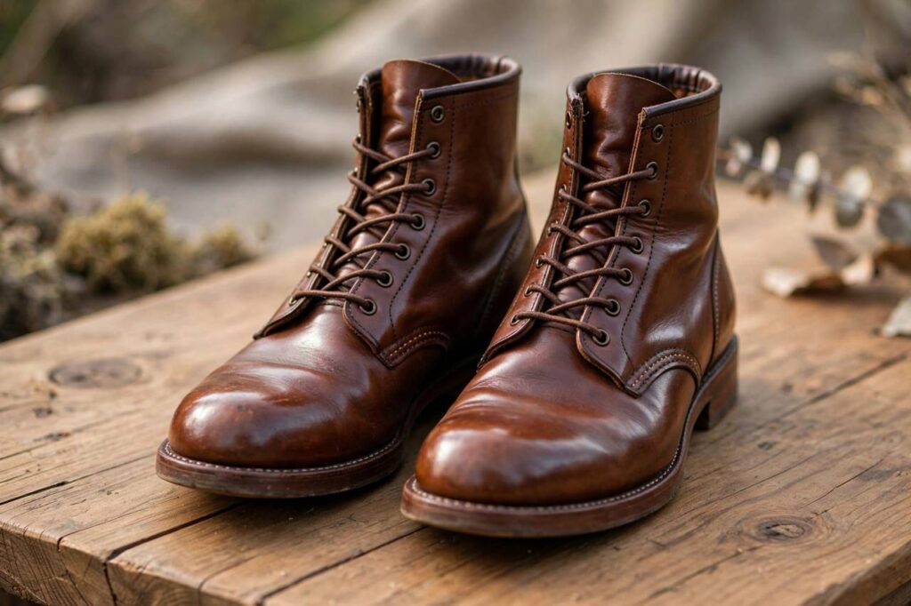 Pair of brown leather boots on a wooden surface, well-maintained with a soft shine, no people