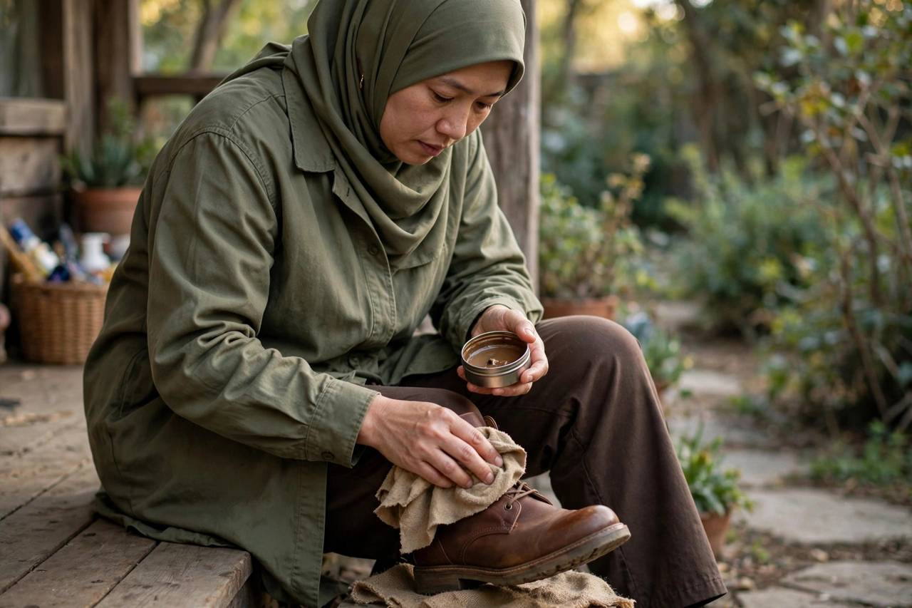 Person in modest full-coverage clothing applying leather conditioner to a boot with a soft cloth