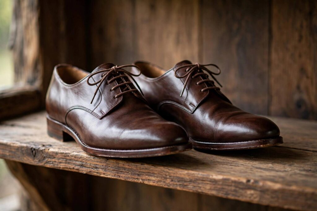 Elegant leather shoes on a wooden shelf