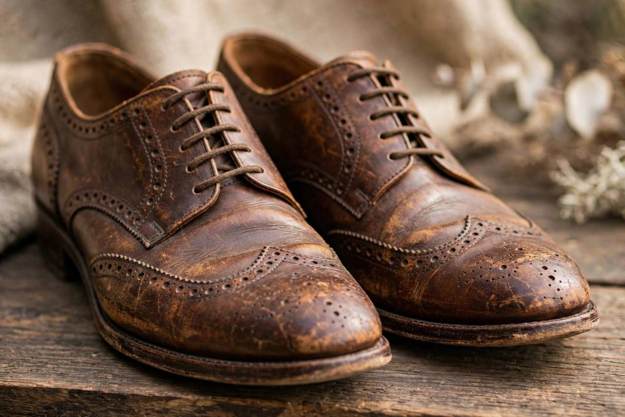 Quality leather shoes showing beautiful patina from age