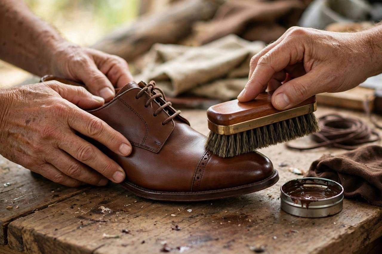 Hands polishing leather shoes with brush and polish