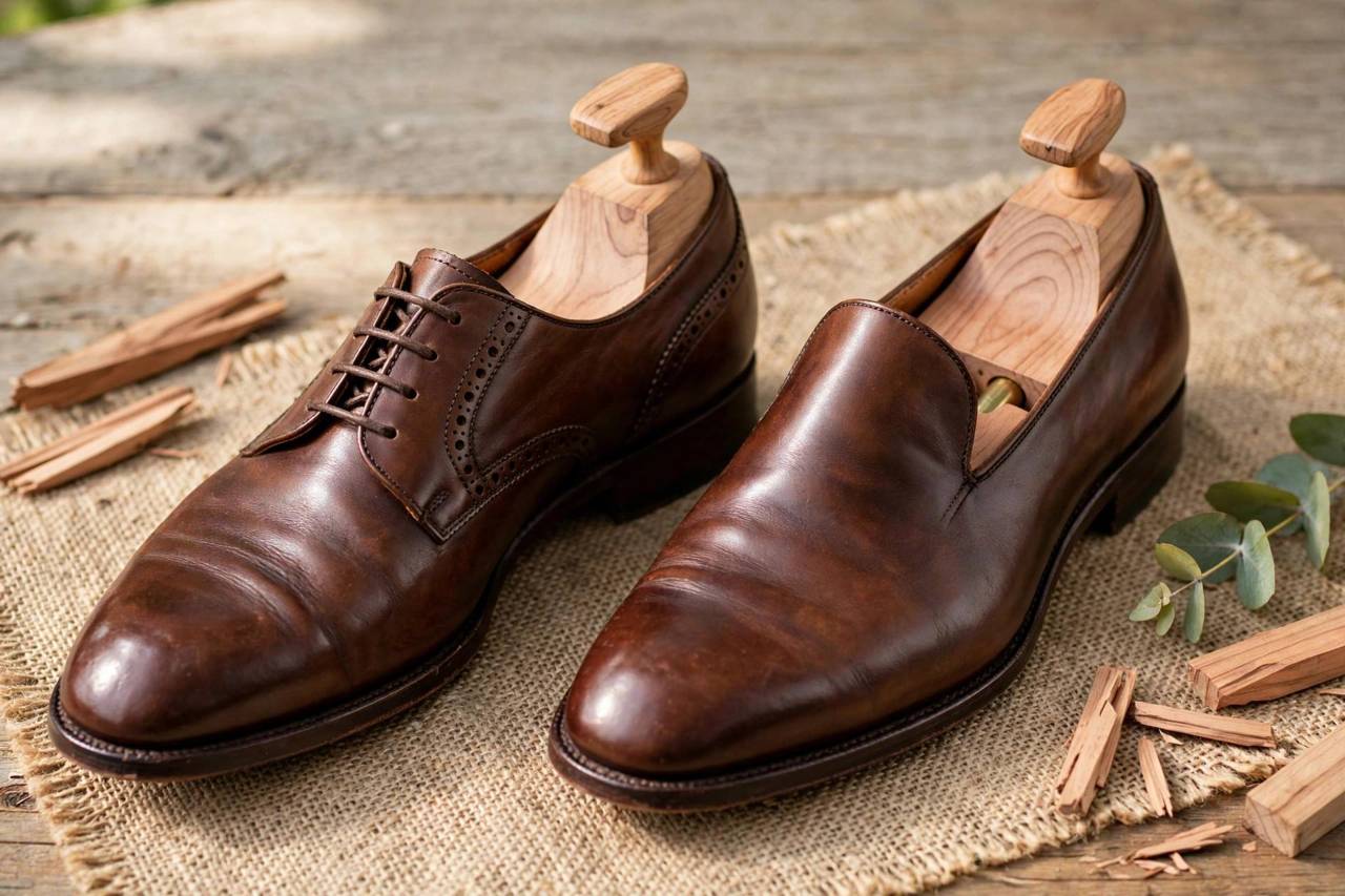 Leather shoes with cedar shoe trees inserted