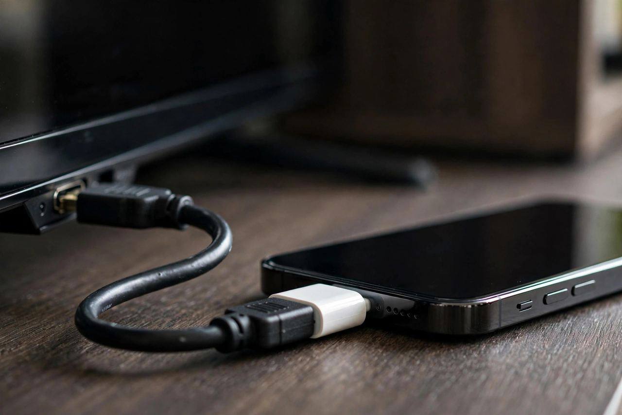 A close-up of a Lightning-to-HDMI adapter plugged into an iPhone beside a TV