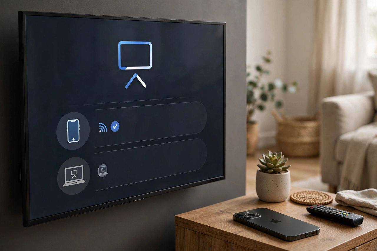 A TV screen showing the AirPlay screen-mirroring menu with an iPhone nearby on a side table