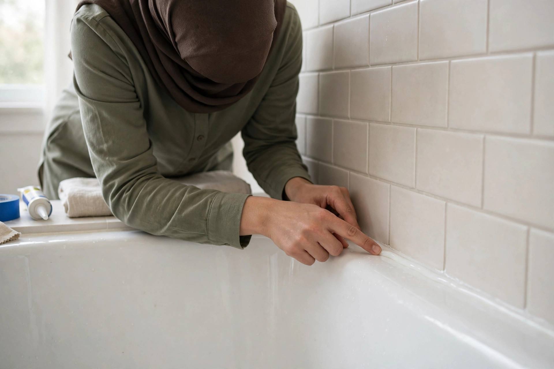 Hands smoothing a fresh caulk bead along a bathtub seam with a wet finger