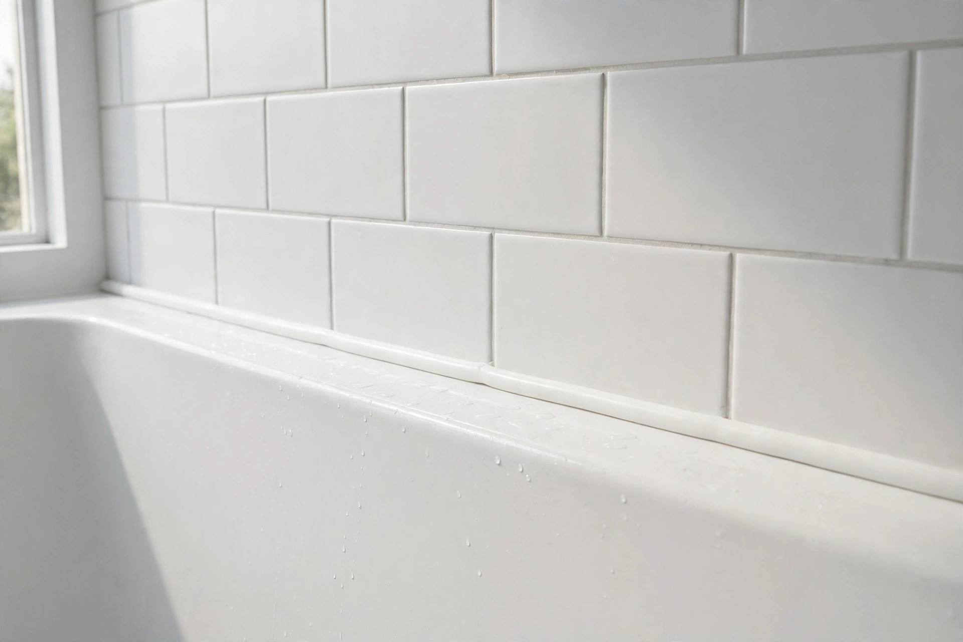 A clean freshly caulked bathtub edge with smooth white sealant line