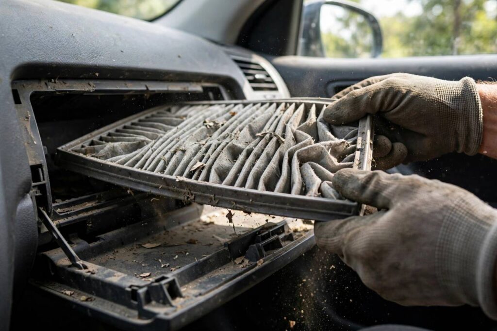 Hands removing a dirty cabin air filter from behind a car's glove box