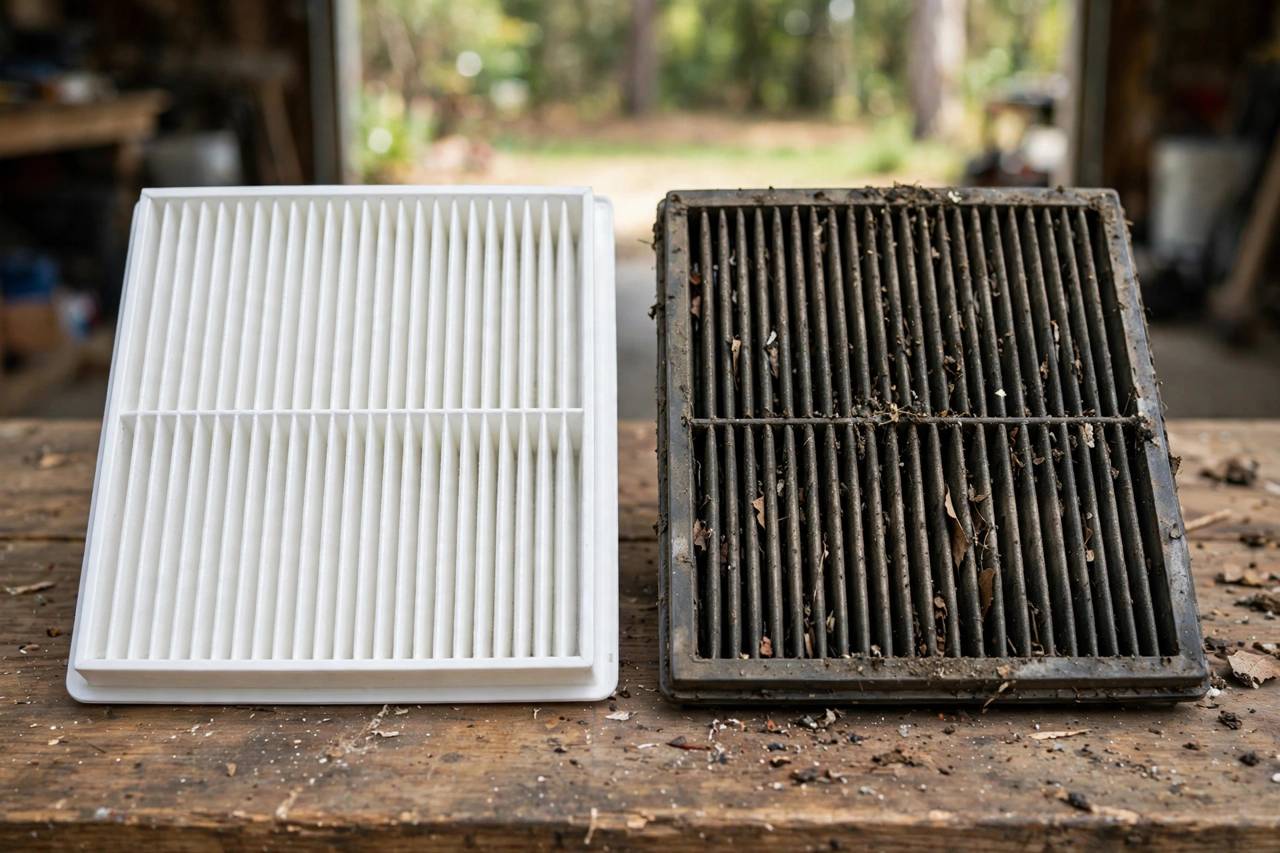 New clean cabin air filter next to an old dirty clogged filter comparison