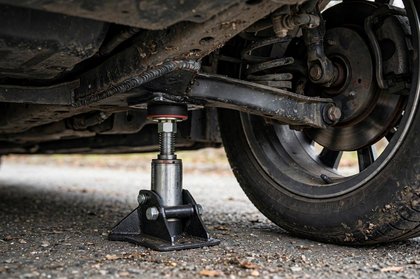 Close-up of a car jack positioned under the reinforced frame jack point behind a front wheel