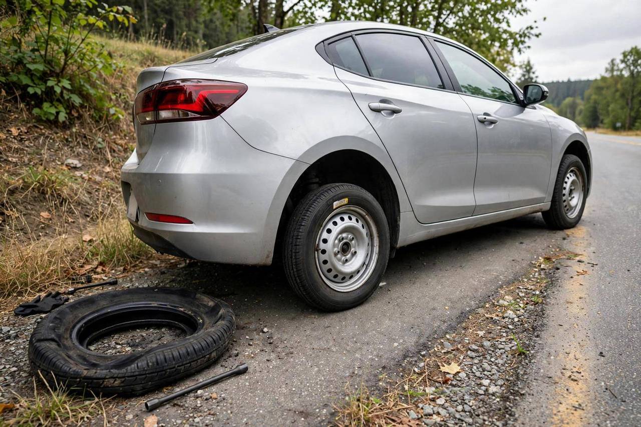 Compact donut spare tire mounted on a car next to the removed flat tire on the roadside