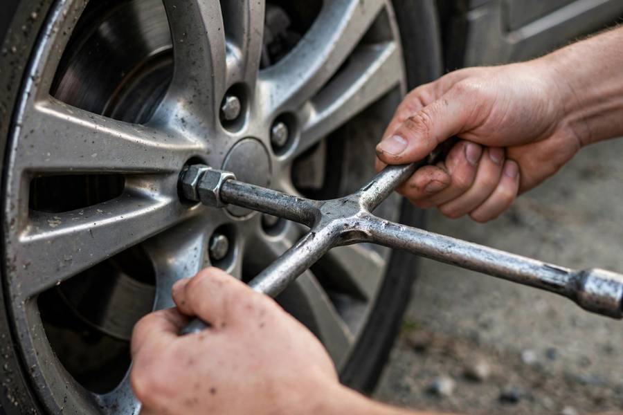 Loosening lug nuts with a lug wrench in the how to change a flat tire step by step guide