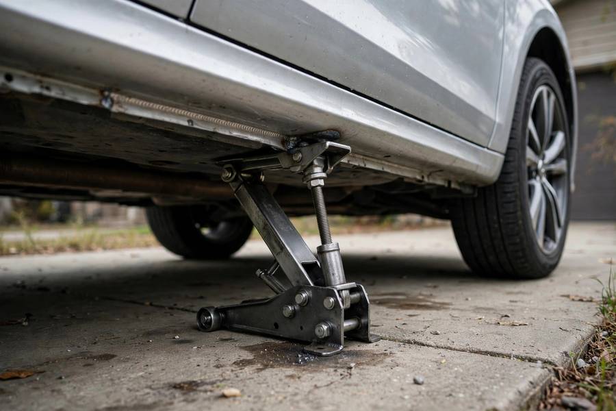 Scissor jack positioned at the correct jack point in the how to change a flat tire step by step guide