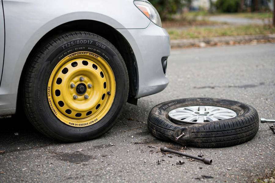 Spare donut tire installed after following the how to change a flat tire step by step guide