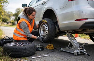 Driver changing a flat tire on the roadside, illustrating how to change a tire safely