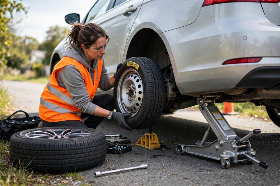 Driver changing a flat tire on the roadside, illustrating how to change a tire safely