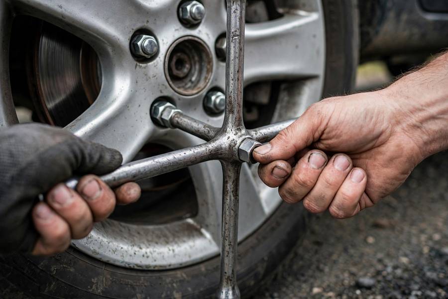 Tightening lug nuts in a star pattern when learning how to change a tire