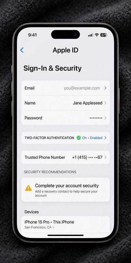 iPhone showing Apple ID sign-in and security settings