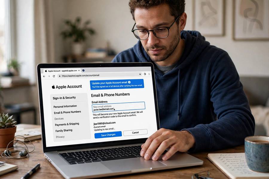 Person updating email on Apple account page on laptop