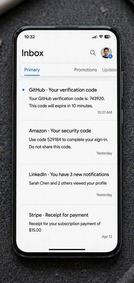 Email inbox on phone showing Apple verification code