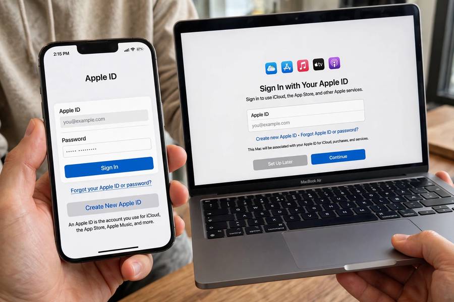 iPhone and MacBook side by side showing Apple ID screens
