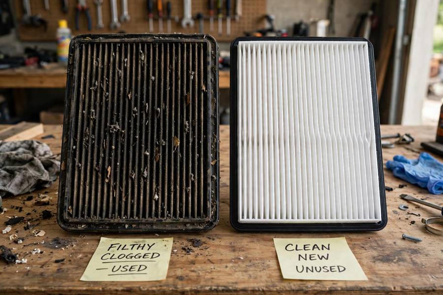 Dirty vs clean air filter comparison showing why how to change engine air filter matters