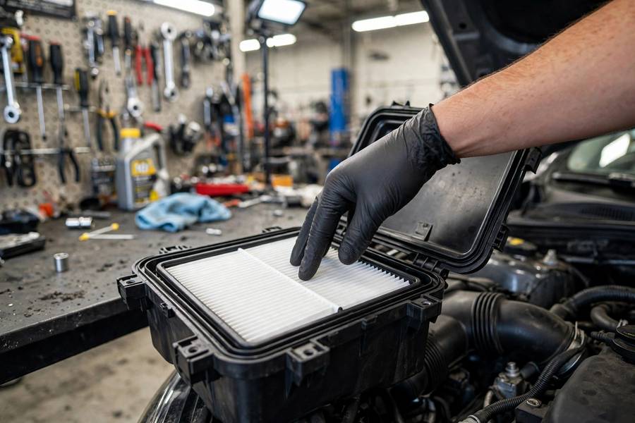 Installing a new filter, the final step in how to change engine air filter