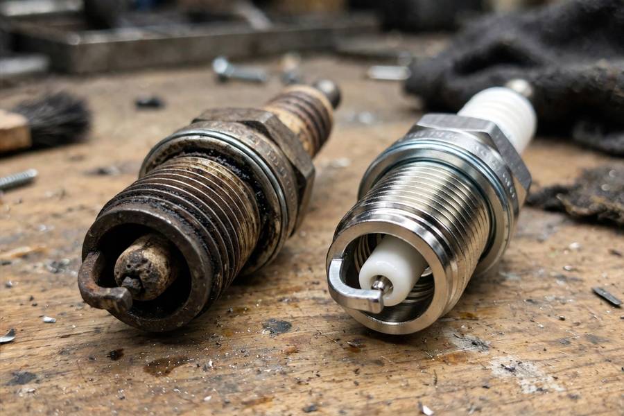 Worn vs new spark plug comparison showing why how to change spark plugs matters