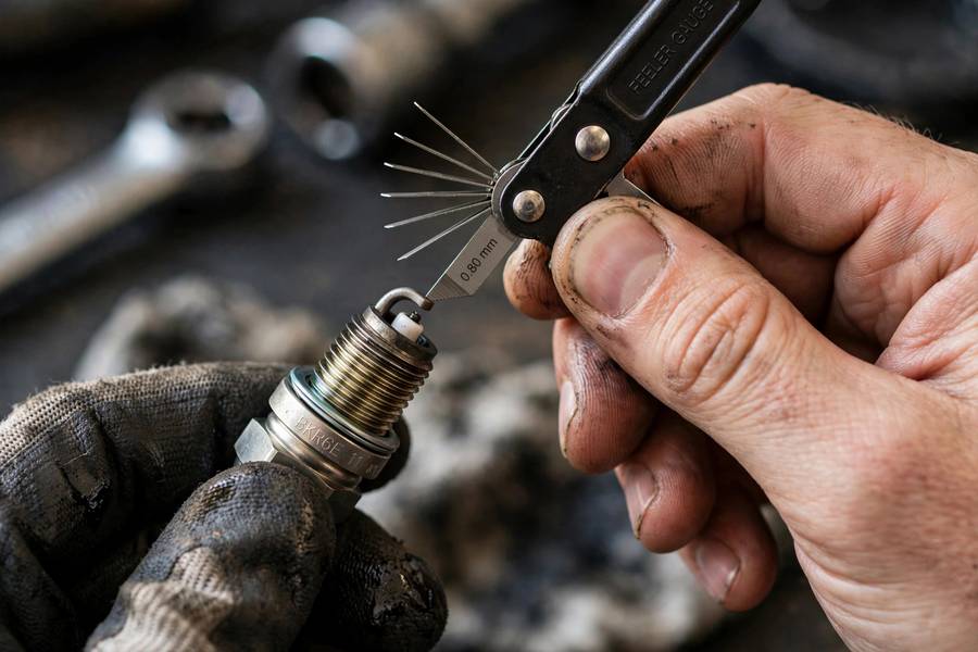 Checking spark plug gap with a feeler gauge, part of how to change spark plugs correctly