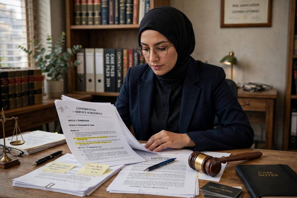 Person reviewing official legal documents and a gavel on a wooden desk in a law office