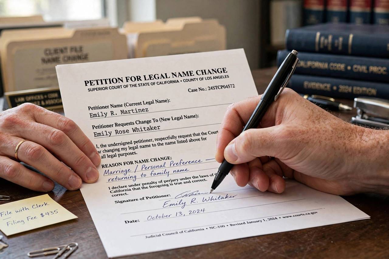 Close-up of hands signing a legal name change petition document with a pen on a desk