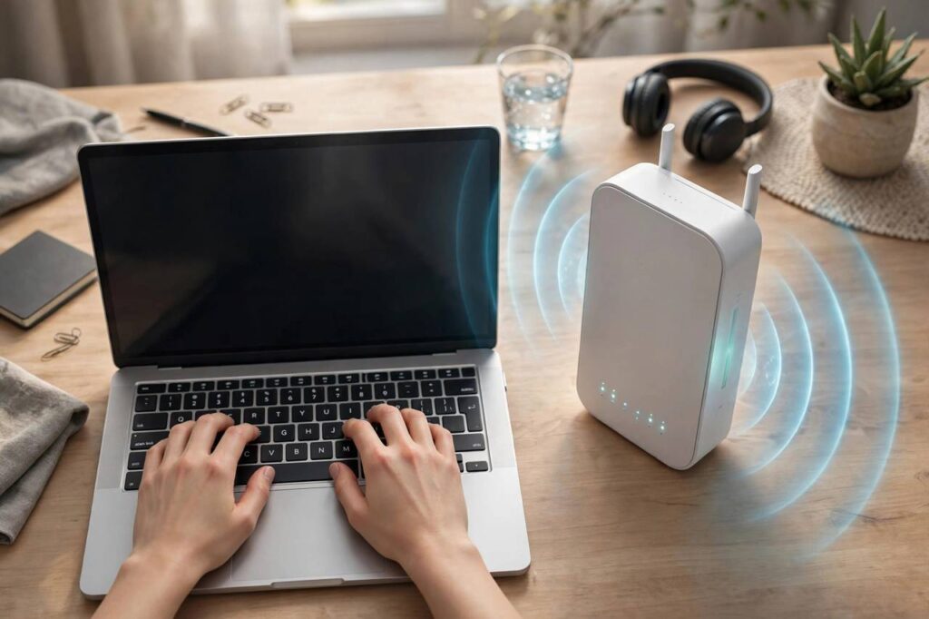 Hand typing on a laptop with a WiFi router beside it, stylized illustration