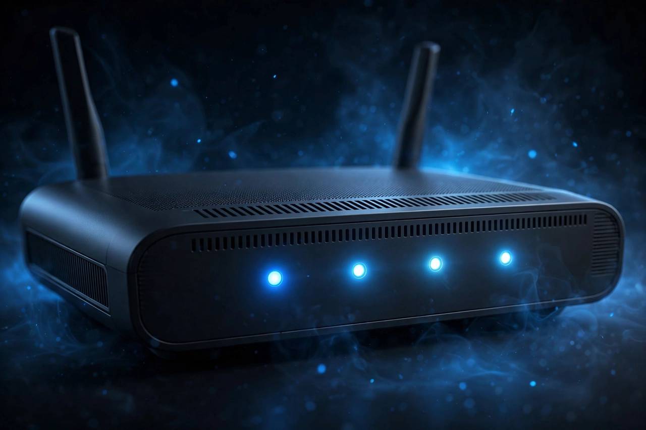 Close-up of a WiFi router with glowing signal indicators, stylized product photo