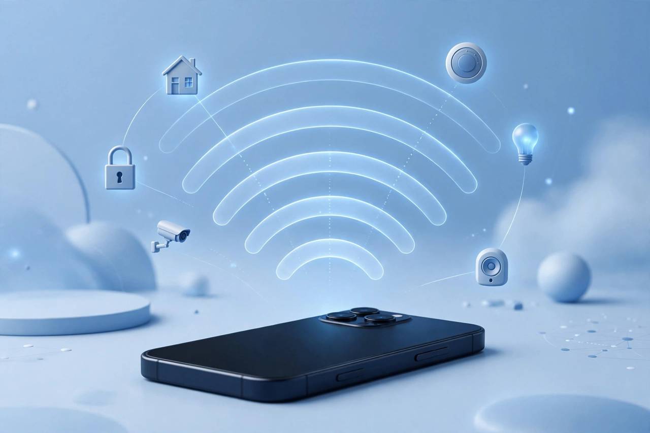 Smartphone connected to a home WiFi network with signal waves, stylized illustration