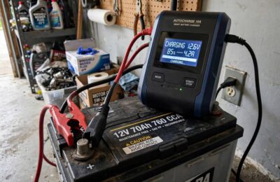 Battery charger connected showing how to charge a car battery safely