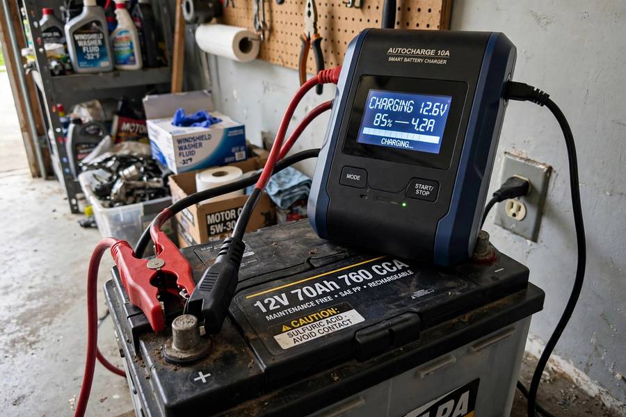 Battery charger connected showing how to charge a car battery safely