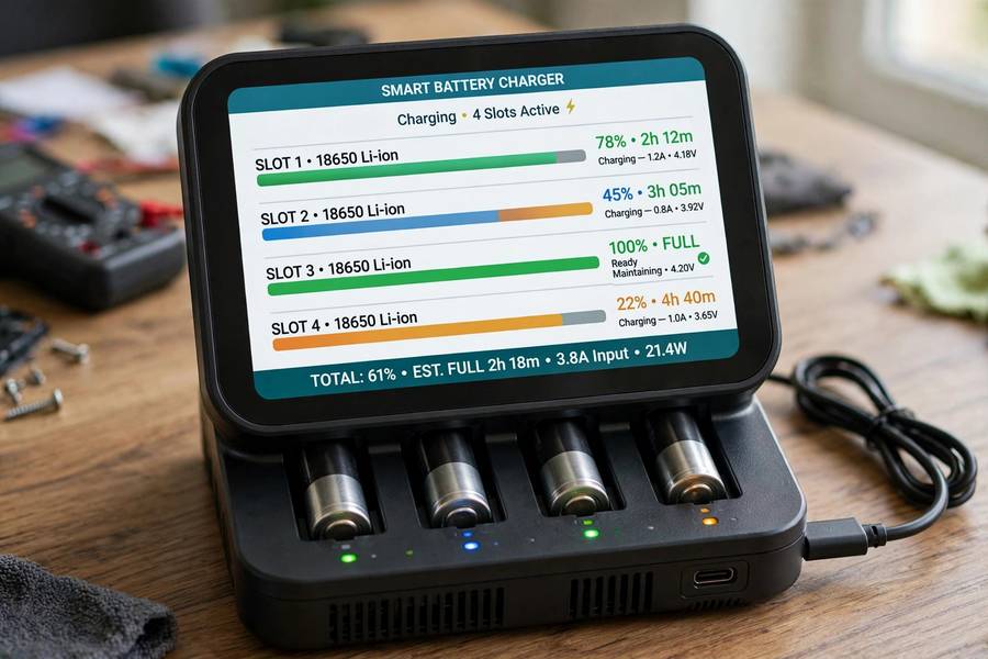 Smart charger display showing progress while you charge a car battery
