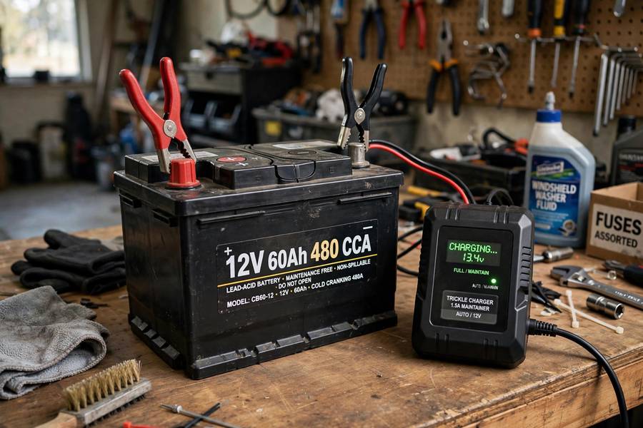 Battery on a bench connected to a trickle charger for slow charging